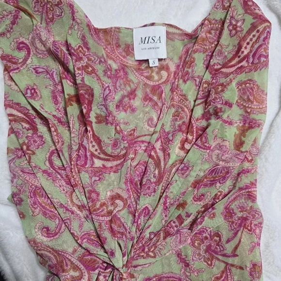 Misa Los Angeles Ava Midi Dress in Vintage Paisley, Stretch Mesh, Ruched Bodice. - Picture 12 of 16